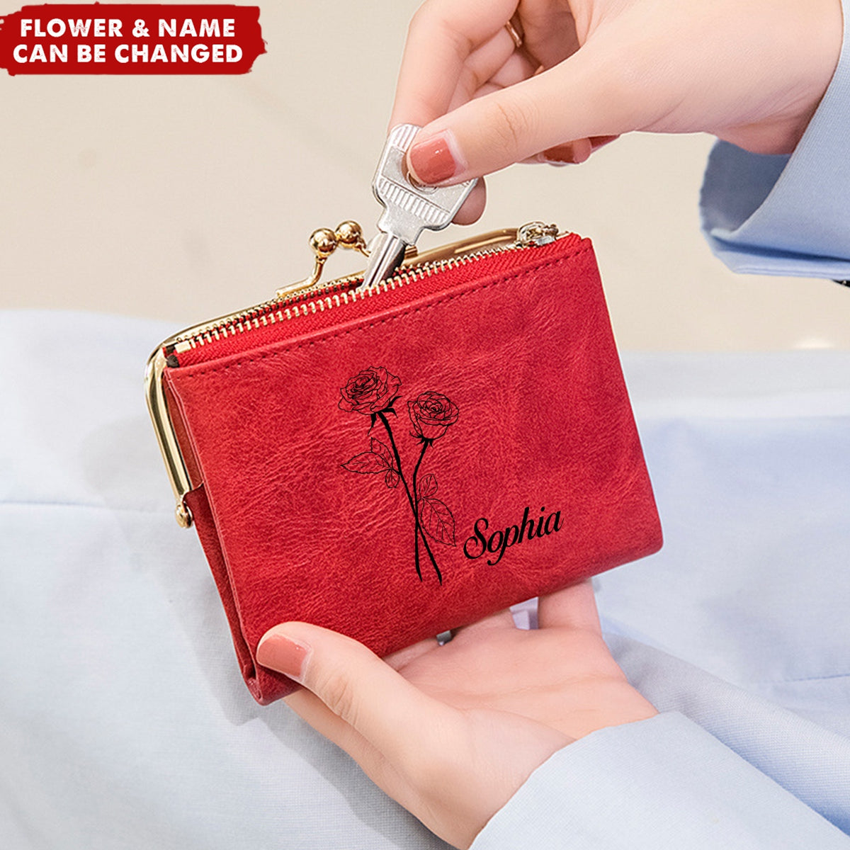 Personalized Birthday Flower Bifold Kiss Lock Vintage Coin Purse Wallet