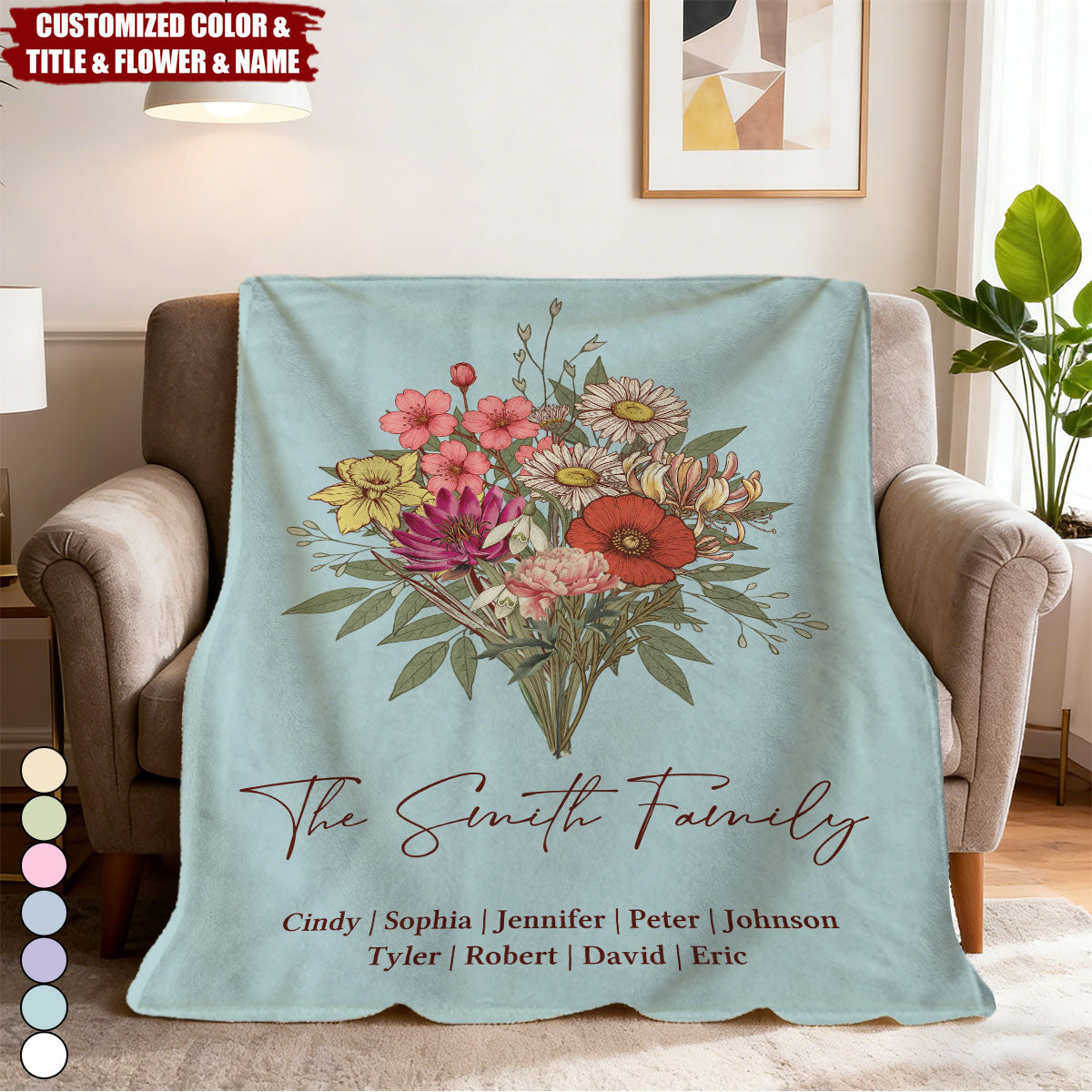 Family Boho Birth Flower Bouquet Flowers Personalized Blanket - Gift For Mom, Grandma, Family
