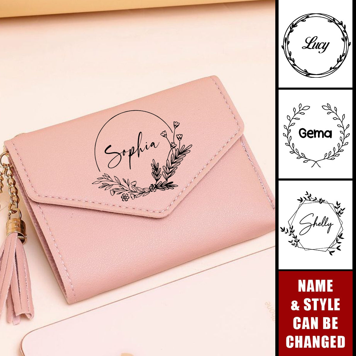 Heart Pendant Tassel Personalized Name Tri-fold Wallet