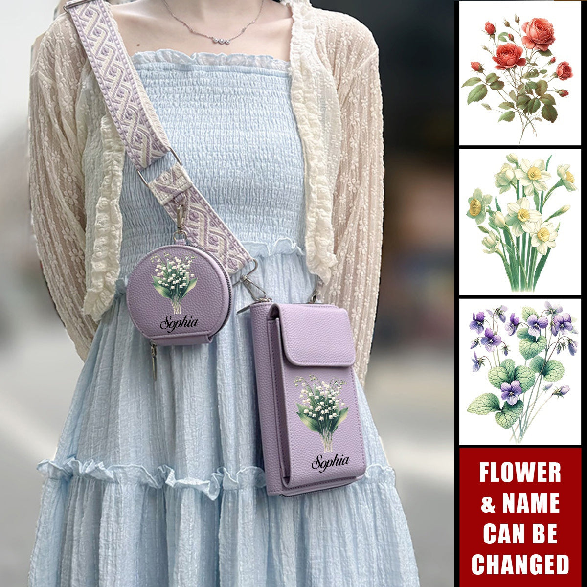 Personalized Name Flower Crossbody Phone Bag, Christmas/Birthday Gifts for Bridesmaid /Mom/Wife/Friends