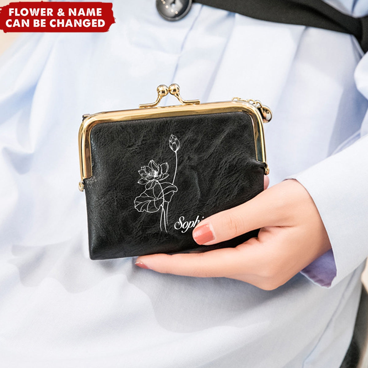 Personalized Birthday Flower Bifold Kiss Lock Vintage Coin Purse Wallet