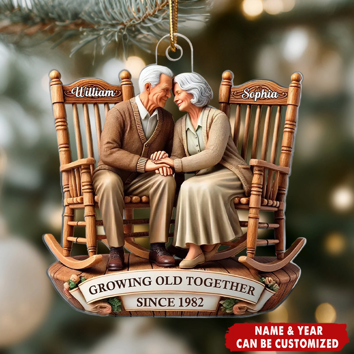 Old Couple Sitting On Rocking Chairs Together Personalized Christmas Acrylic Ornament