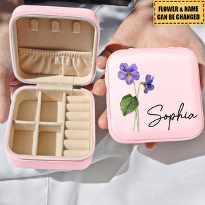 Custom Name Birth Flower Travel Jewelry Case, Personalized Jewelry Box