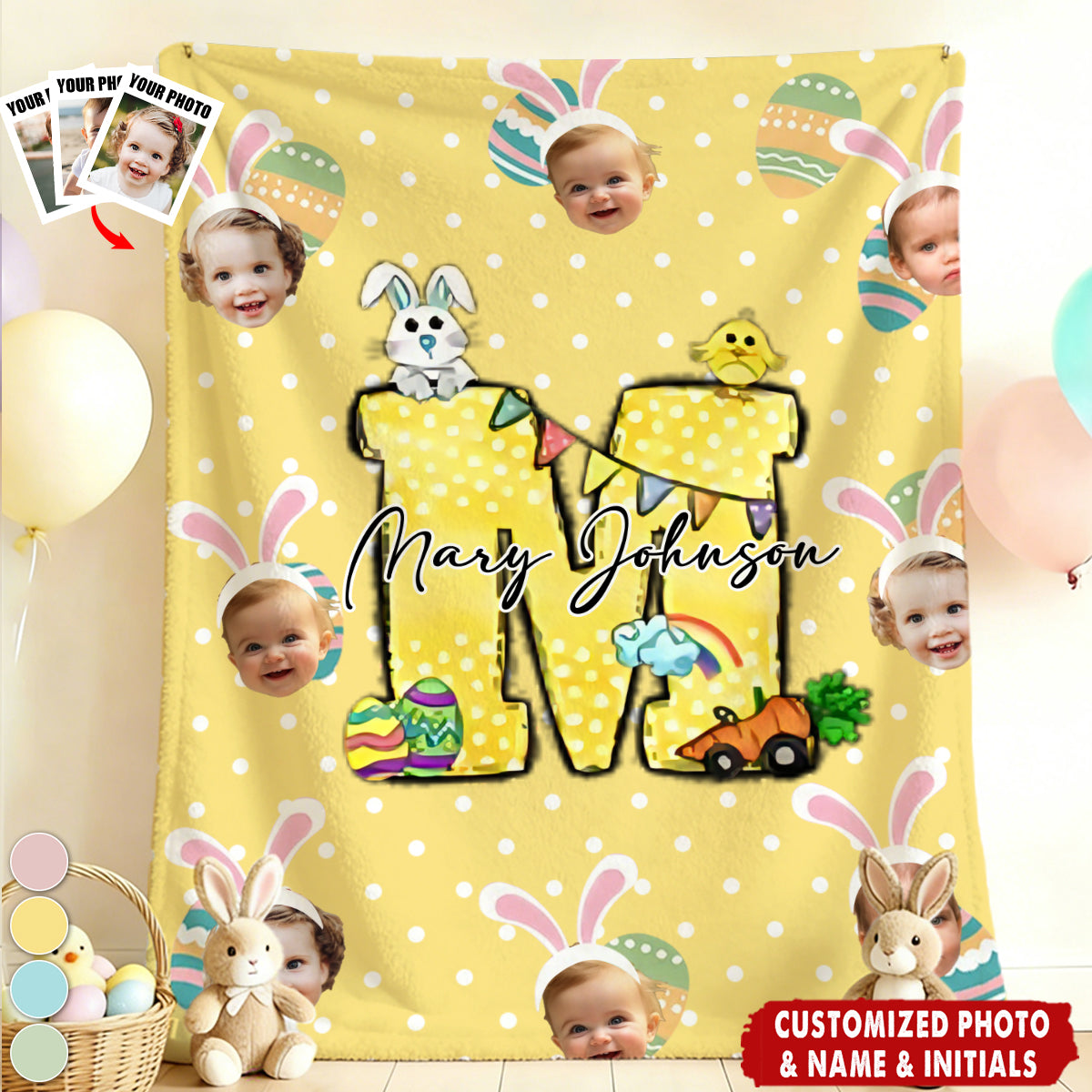 Custom Photo Personalized Colorful Polka Dot Bunny Chick Initial Blanket Home Decor Easter Party Gift for Kids
