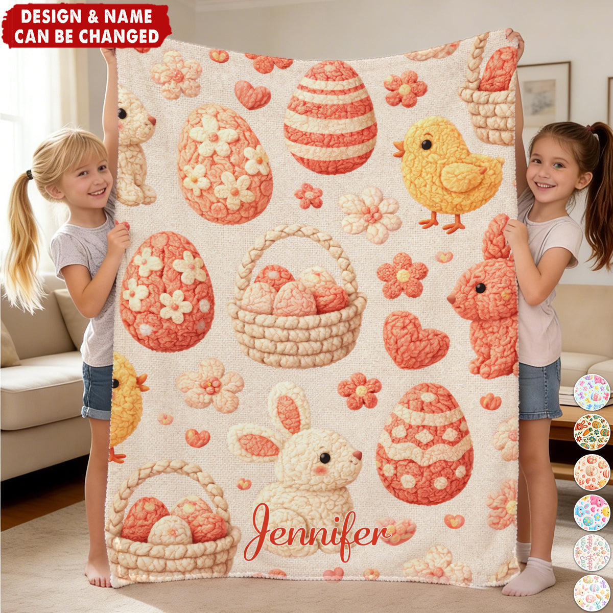 Personalized Happy Easter Faux-Knitted Bunnies Chick Floral Eggs Blanket