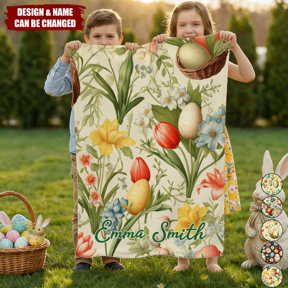 Personalized Easter Floral Egg Print Kids Blanket