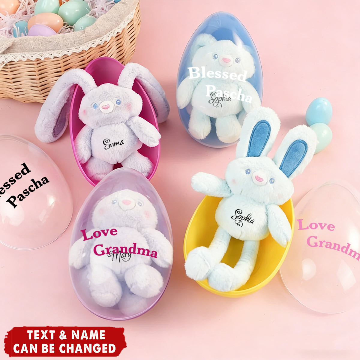 Bunny Hide-and-Seek! - Personalized Stretchable Plush Bunny Keychain & Jumbo Easter Egg Set