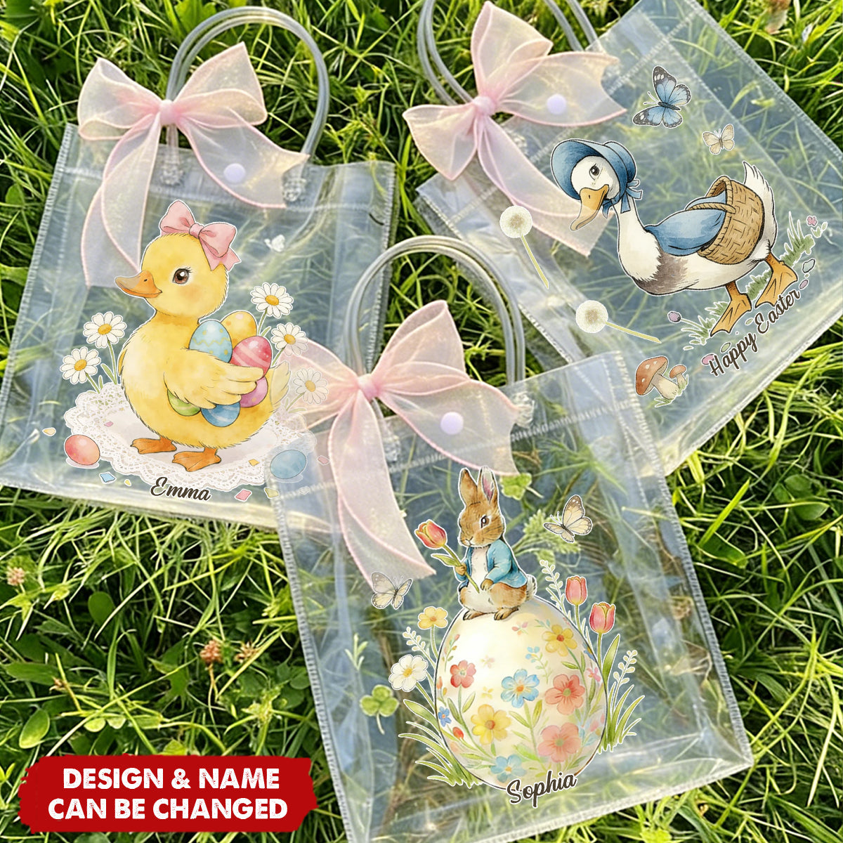 Pink Bow Ribbon Personalized Easter Rabbit Transparent Gift Bag - Easter Party Favors for Family Kids