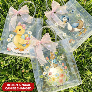 Pink Bow Ribbon Personalized Easter Rabbit Transparent Gift Bag - Easter Party Favors for Family Kids