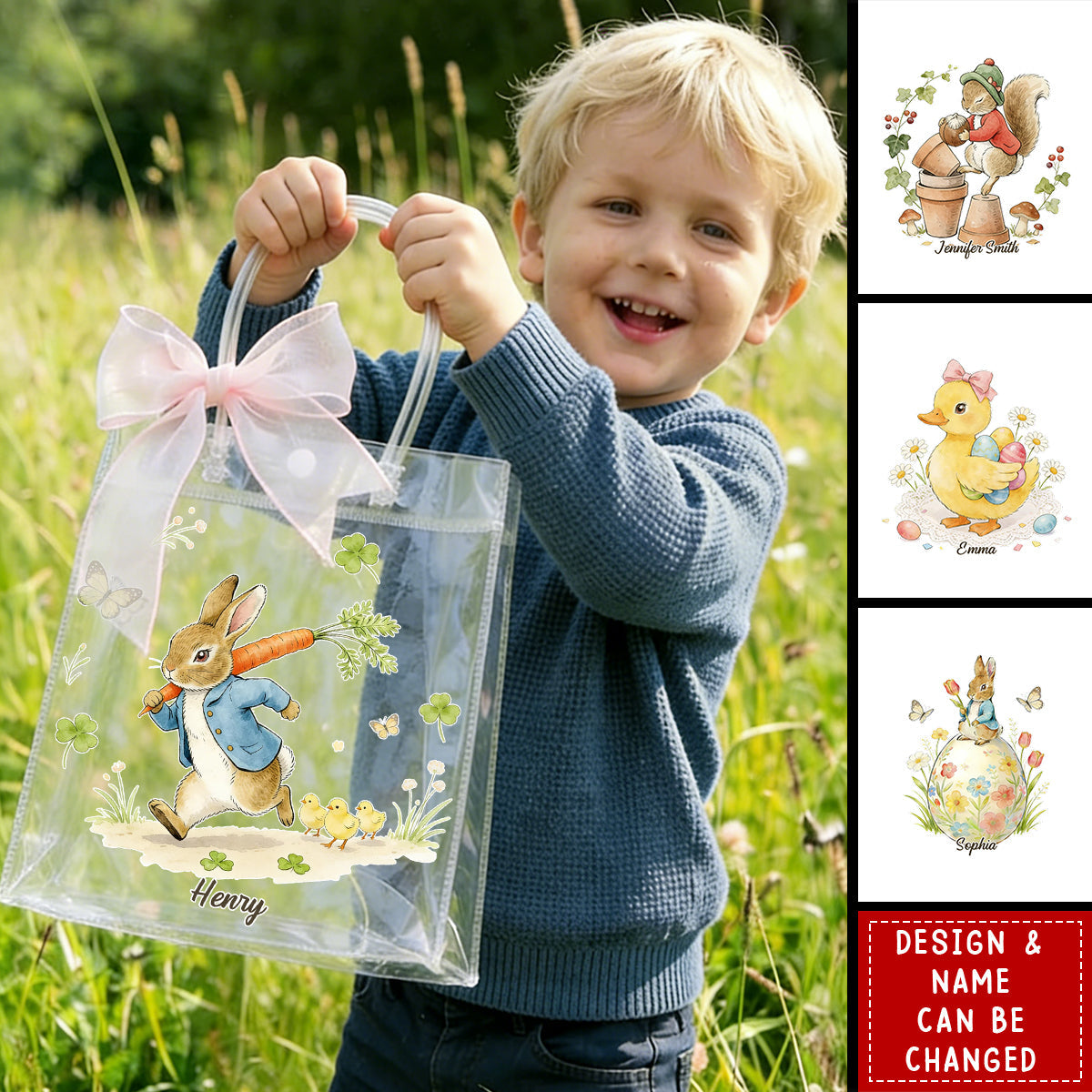 Pink Bow Ribbon Personalized Easter Rabbit Transparent Gift Bag - Easter Party Favors for Family Kids