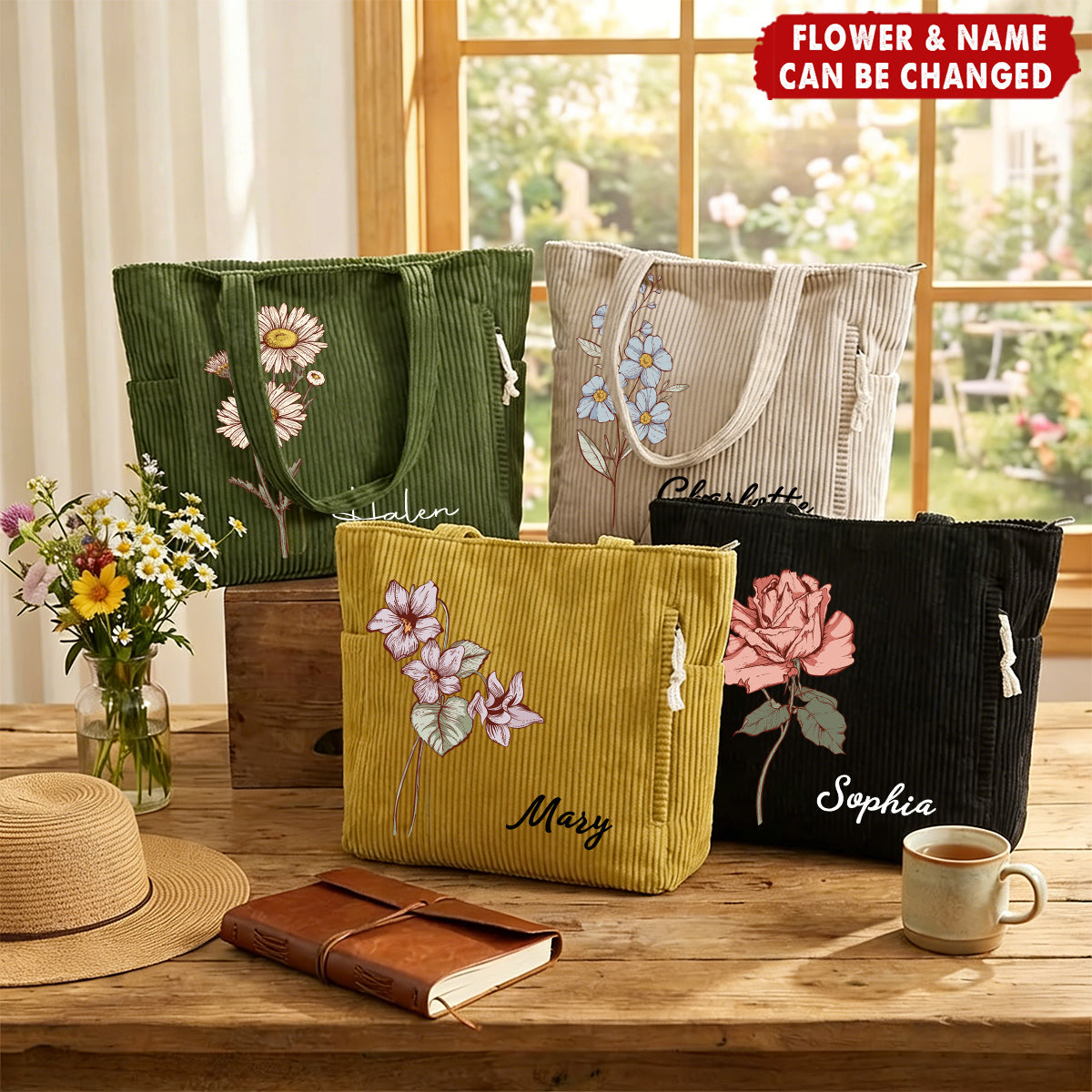 Personalized Birth Flower Corduroy Large Capacity Tote Bag Birthday - Gift for Women