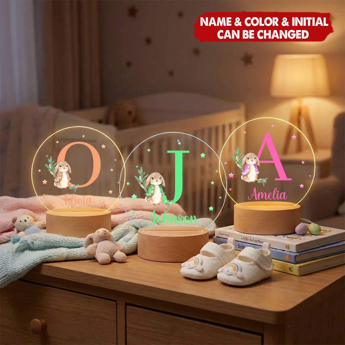 Personalized Cute Easter Bunny Initial Acrylic Night Light with Wooden Base - Easter Birthday Gift for Kids