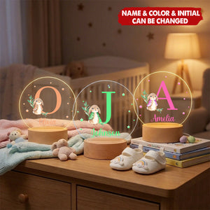 Personalized Cute Easter Bunny Initial Acrylic Night Light with Wooden Base - Easter Birthday Gift for Kids