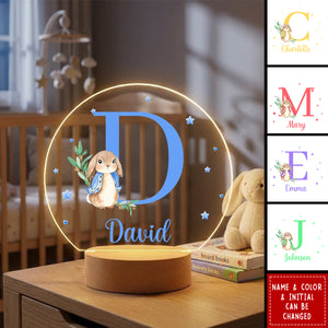 Personalized Cute Easter Bunny Initial Acrylic Night Light with Wooden Base - Easter Birthday Gift for Kids