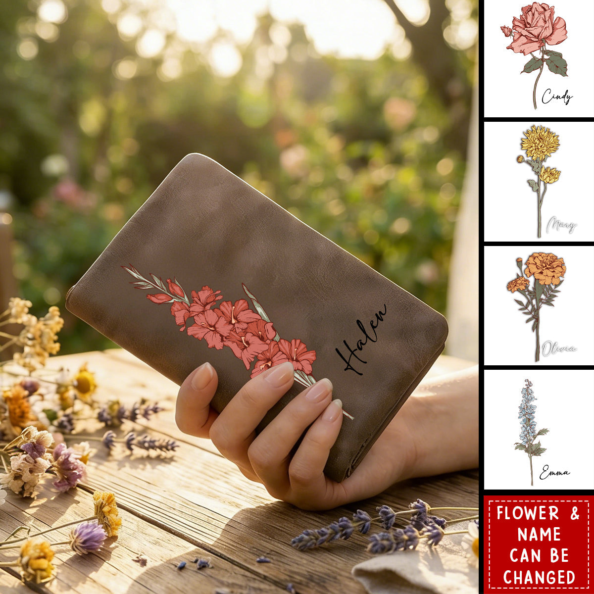Personalized Watercolor Birth Flower Tri-Fold PU Leather Wristlet Wallet with Card Holder and Name Birthday Anniversary Gift for Women