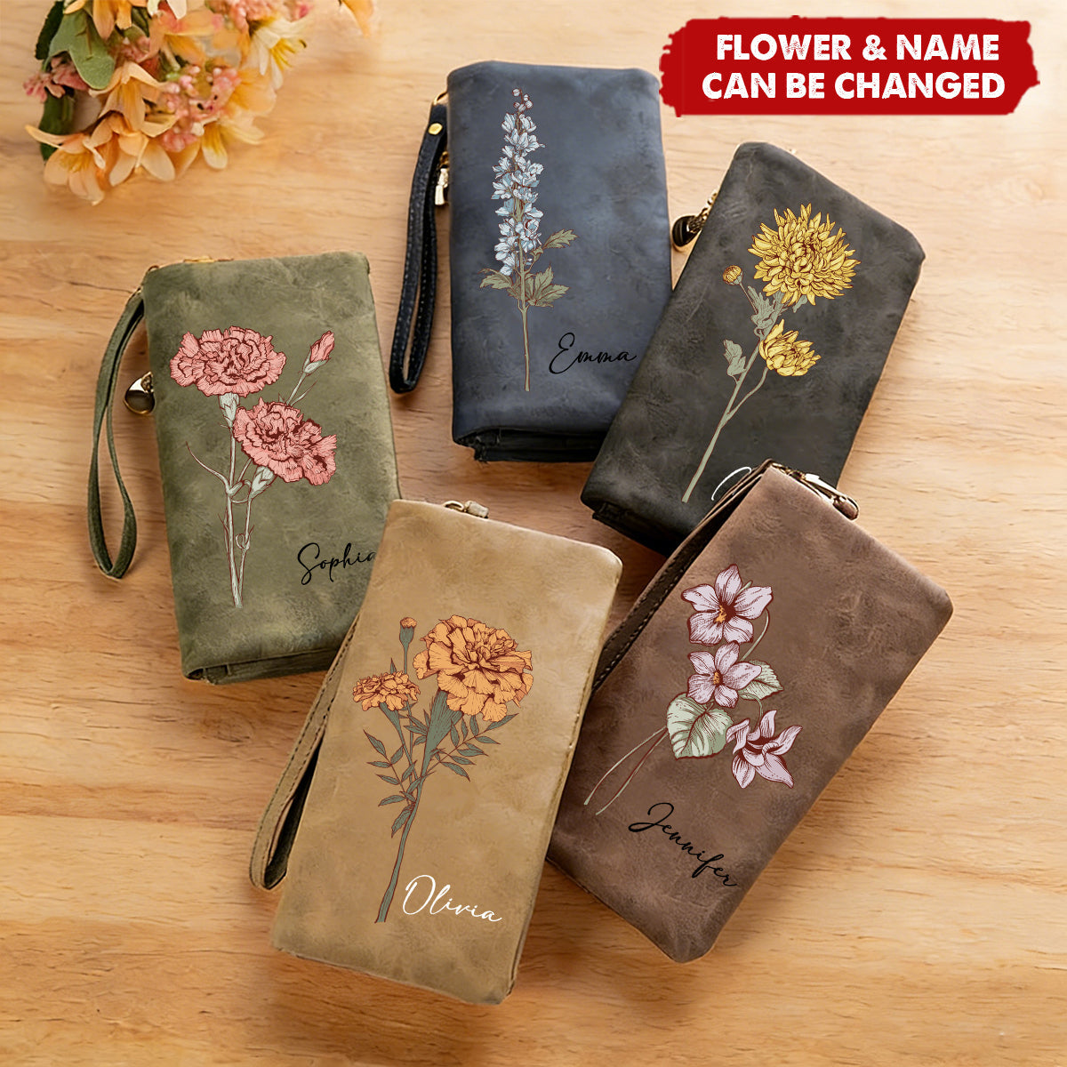 Personalized Watercolor Birth Flower Tri-Fold PU Leather Wristlet Wallet with Card Holder and Name Birthday Anniversary Gift for Women