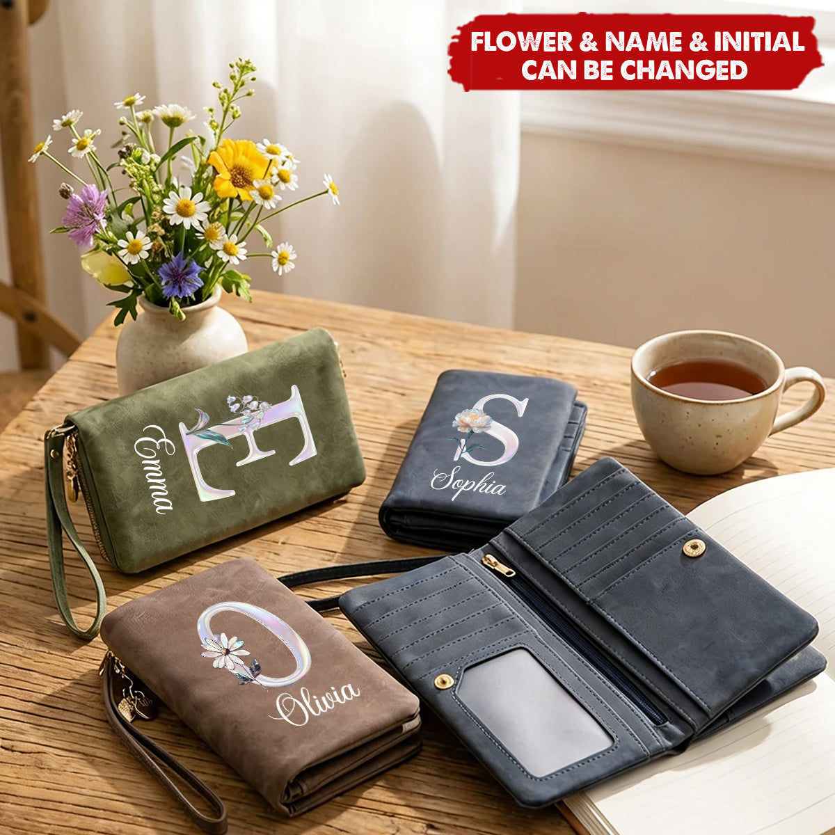 Personalized Pearl Laser Birth Flower PU Leather Folded Wristlet Wallet - Birthday Anniversary Gift for Women