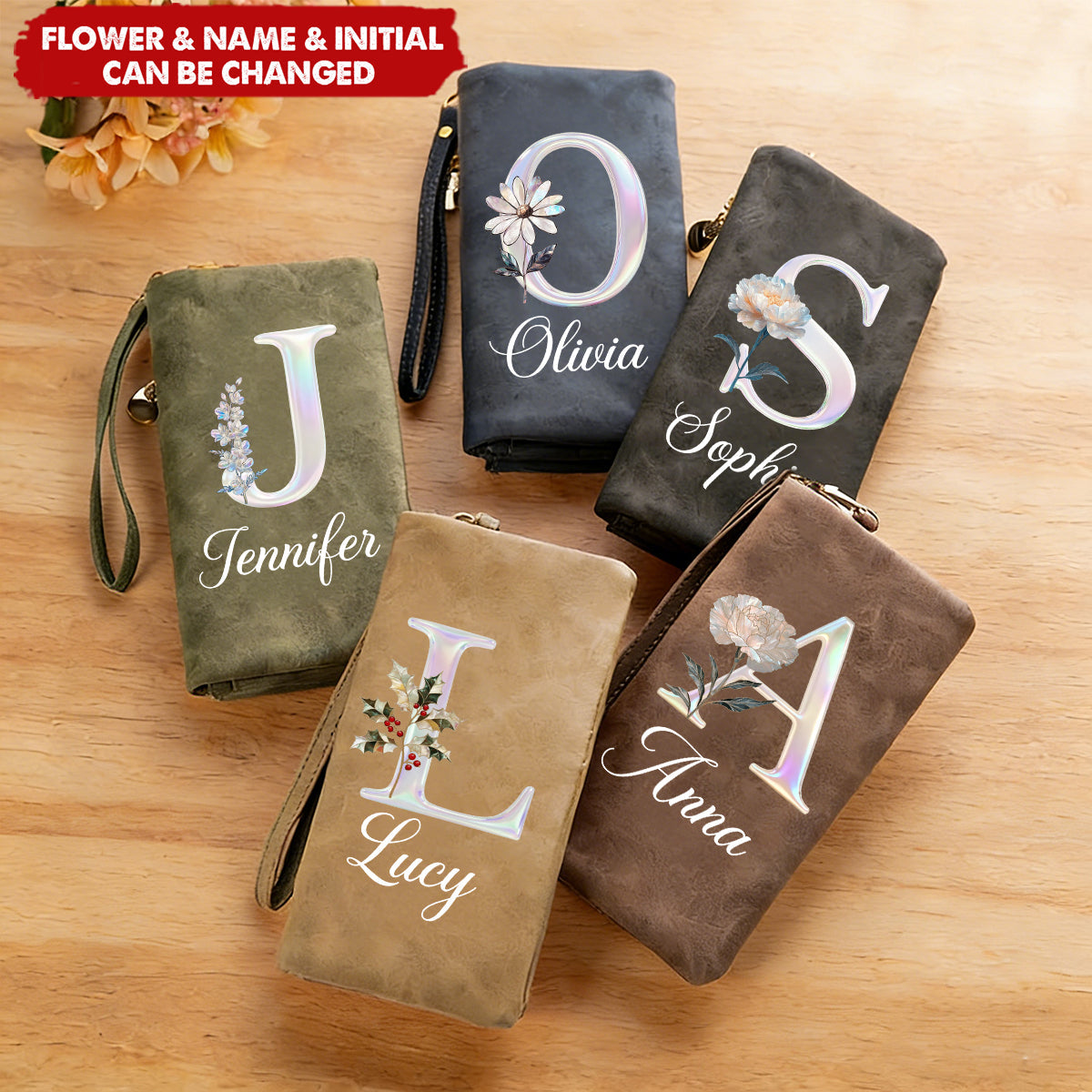 Personalized Pearl Laser Birth Flower PU Leather Folded Wristlet Wallet - Birthday Anniversary Gift for Women