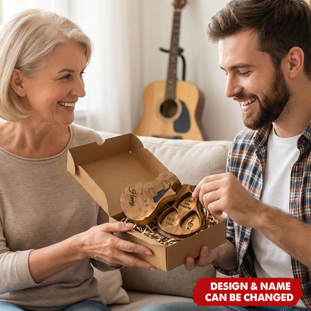 Personalized Wooden Guitar Picks with Storage Case Engraved Holder Box for Pick Set - Gift for Guitar Player Musician Birthday