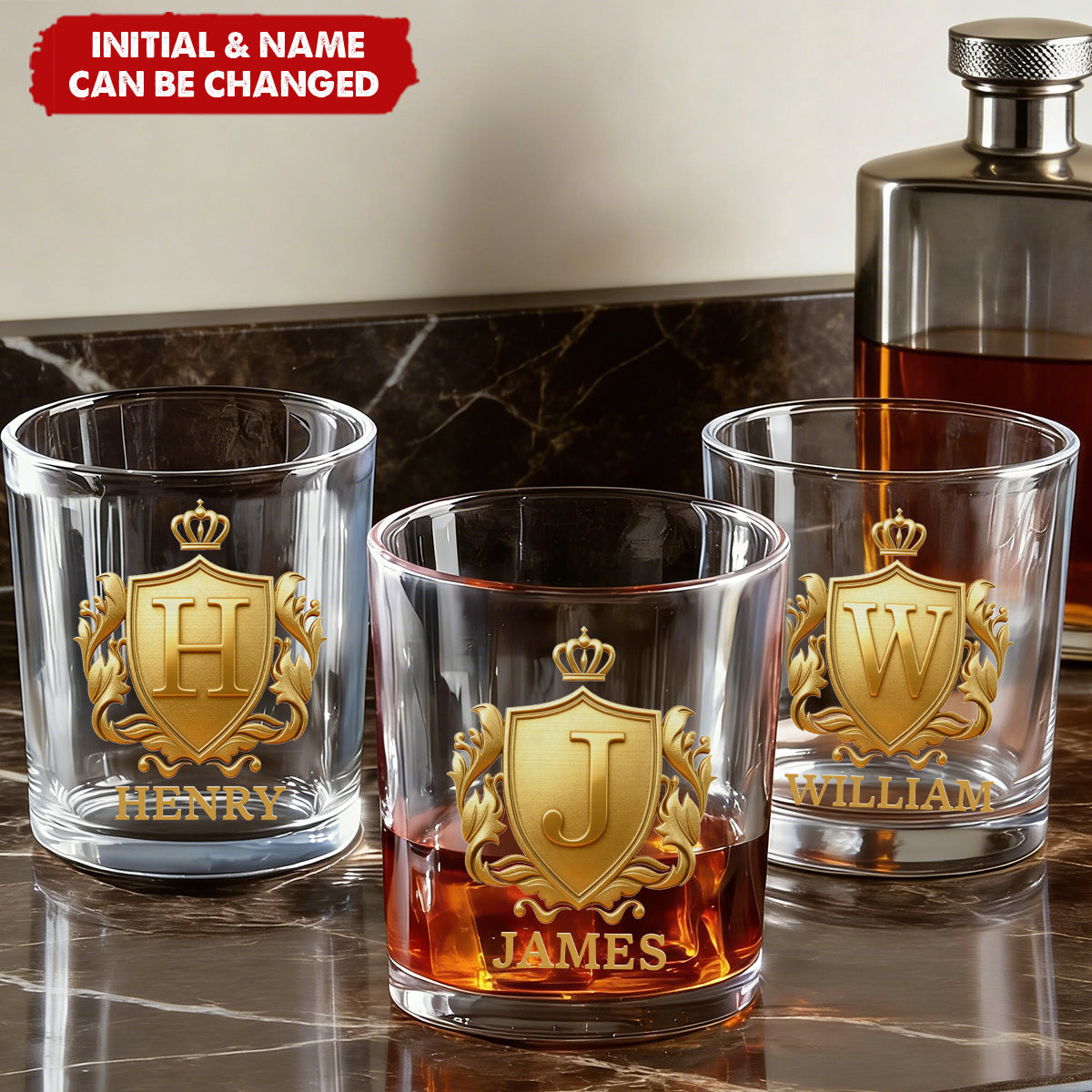 Personalized Golden Badge Initial Name Rock Whiskey Glass - Gift for Man Bartender Whiskey Enthusiast