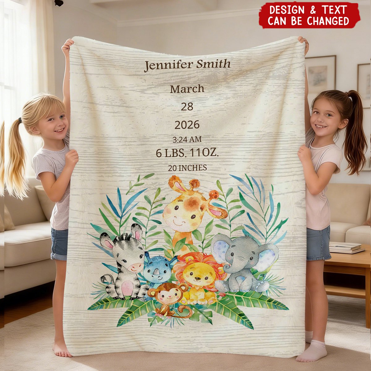 Personalized Cute Cartoon Jungle Animals Soft Throw Blanket - Nursery Room Decor Birthday Baby Shower Gift