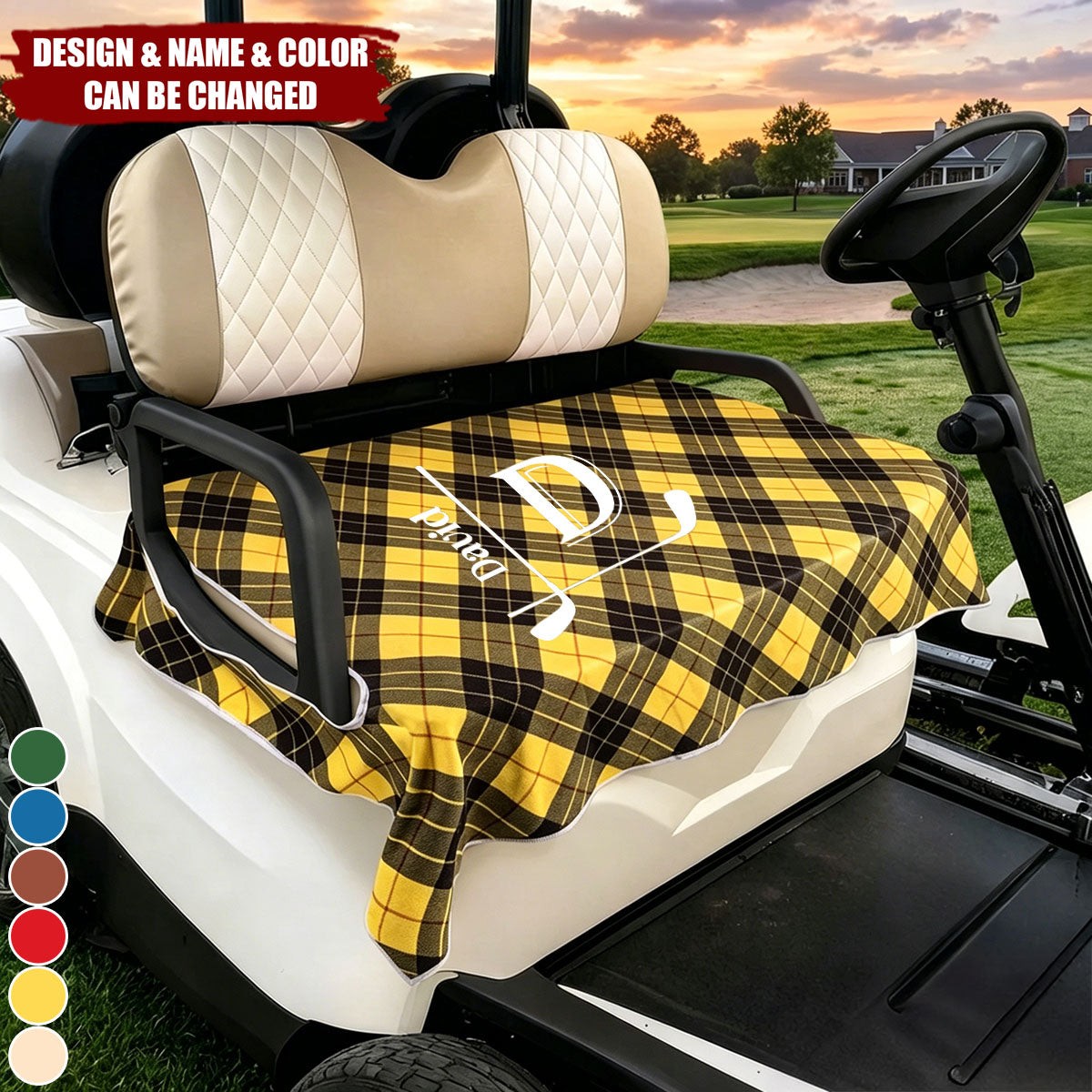 Personalized Golf Club Wreath Plaid Golf Cart Seat Cover - Accessories Birthday Gift for Golfers Country Clubs