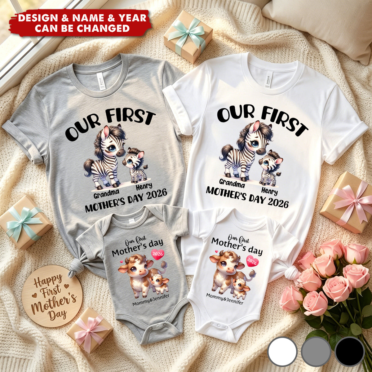 Personalized Cute Bear Bunny Fantasy Baby Bodysuit T-shirt Matching Outfit - First Mother's Day Gift for New Mom Newborn