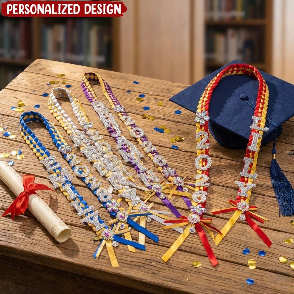 Personalized Bling Flower Rhinestone Pearl Letter Two-Colored Ribbon Braided Lei - Graduation Party Decor Gift for Class of 2026 Graduates