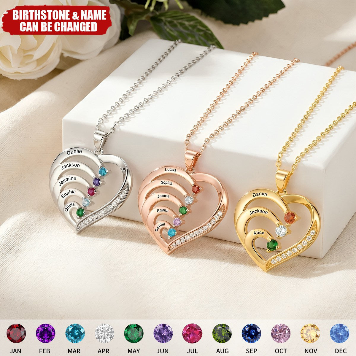 Personalized Birthstones Family Heart Pendant Engraved Necklace - Gift for Mom Grandma