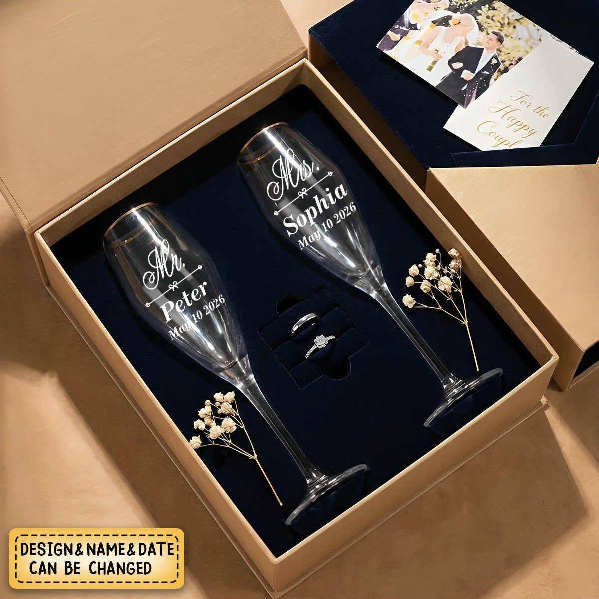 Personalized Monogram Gold Rim Champagne Tulip Glasses Set of 2 Engagement Wedding Anniversary Gift for Newlyweds Couple