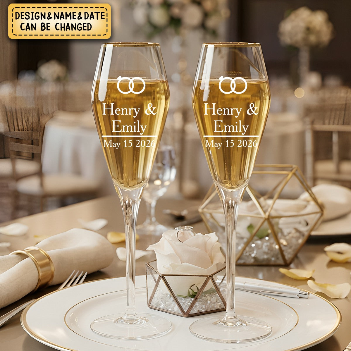 Personalized Monogram Gold Rim Champagne Tulip Glasses Set of 2 Engagement Wedding Anniversary Gift for Newlyweds Couple