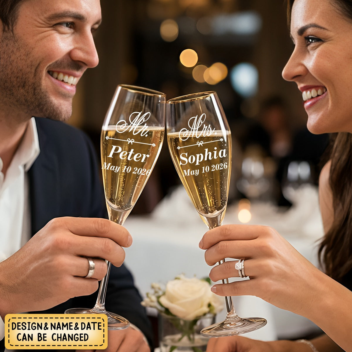 Personalized Monogram Gold Rim Champagne Tulip Glasses Set of 2 Engagement Wedding Anniversary Gift for Newlyweds Couple