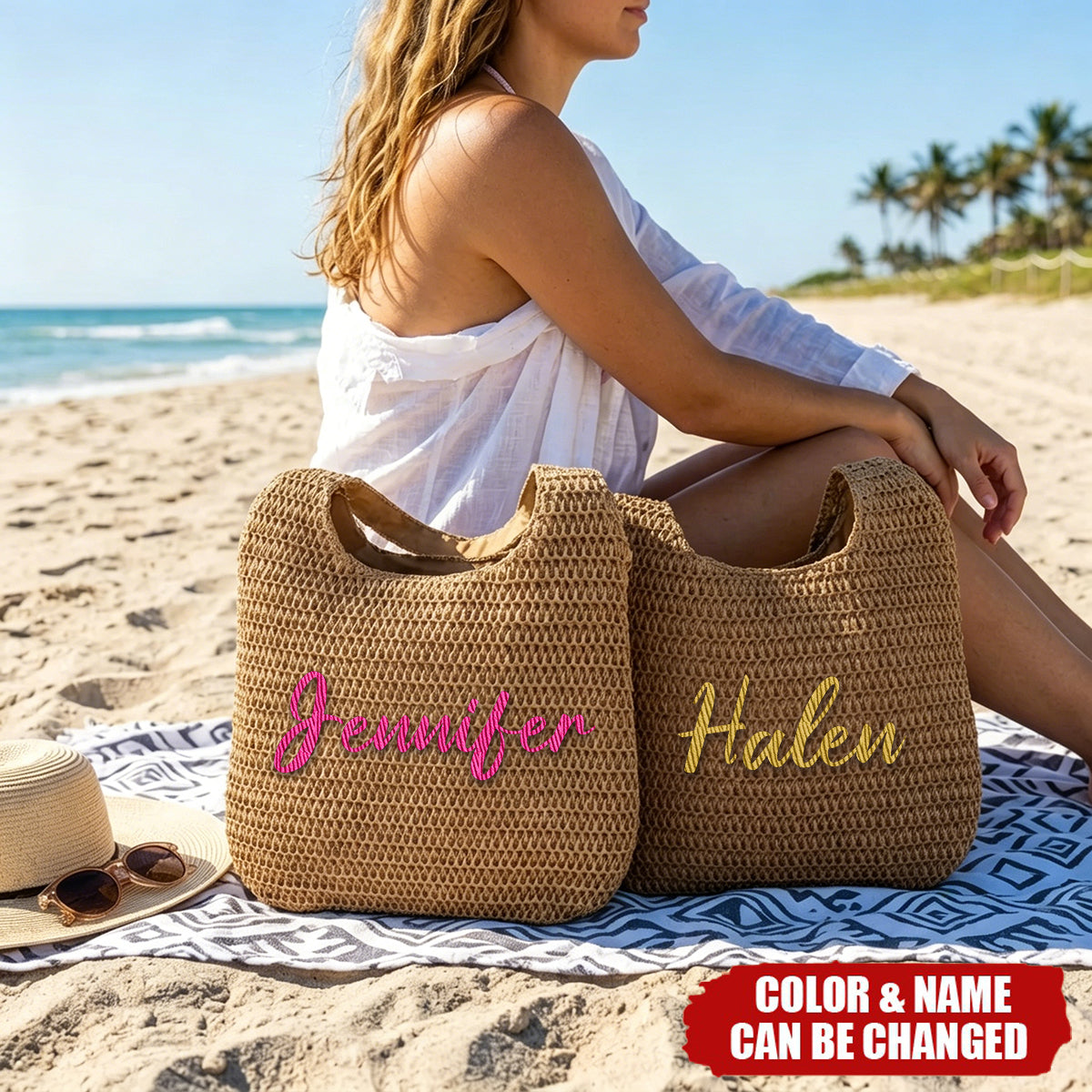 Personalized Multicolor Name Crochet Raffia Tote Bag - Beach Vacation Bachelorette Party Birthday Gift for Her