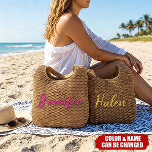 Personalized Multicolor Name Crochet Raffia Tote Bag - Beach Vacation Bachelorette Party Birthday Gift for Her