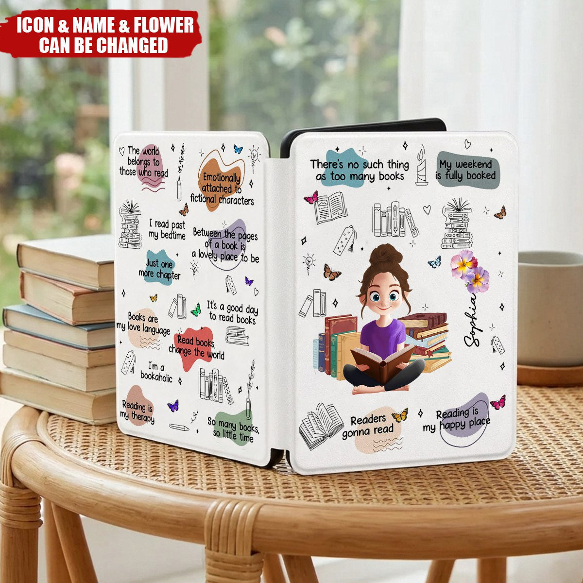 Personalized Birth Flower Cartoon Reading Girl Kindle Case with Name and Bookish Quote Birthday Gift for Book Lovers Bookworms