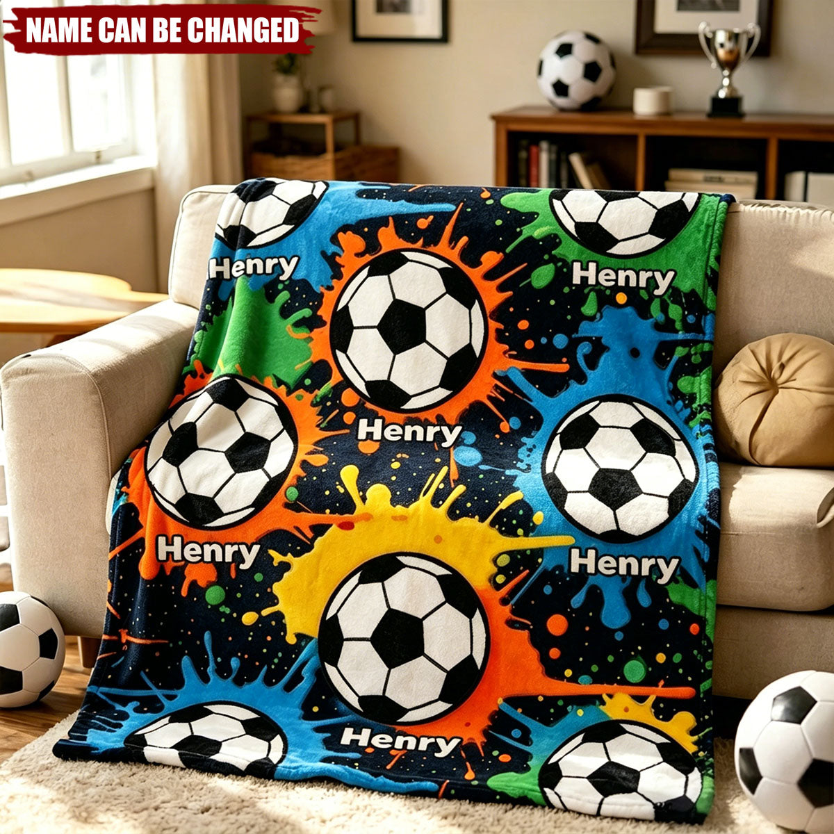 Personalized Colorful Graffiti Soccer Soft Black Throw Blanket - Birthday Game Day Gift for Kids Soccer Lovers