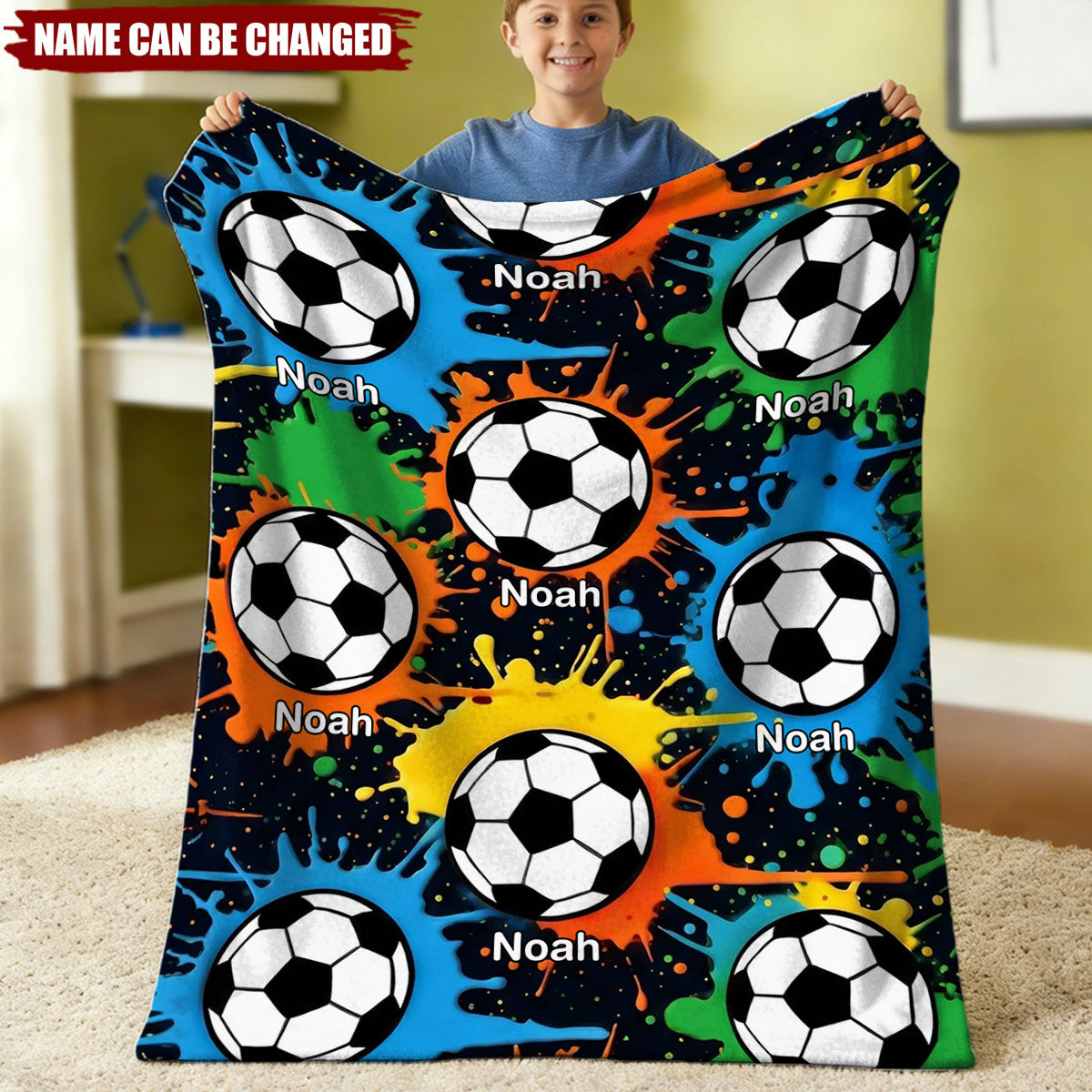 Personalized Colorful Graffiti Soccer Soft Black Throw Blanket - Birthday Game Day Gift for Kids Soccer Lovers
