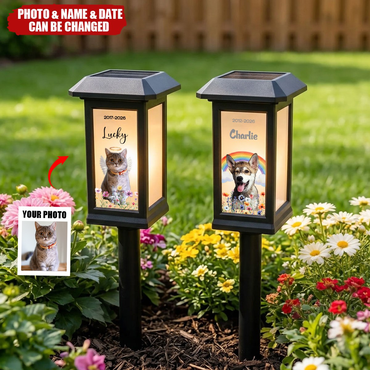 Personalized Pet Photo Flower Rainbow Angel Wing Solar Garden Light - Garden Decor Memorial Sympathy Gift for Family Pet Owner