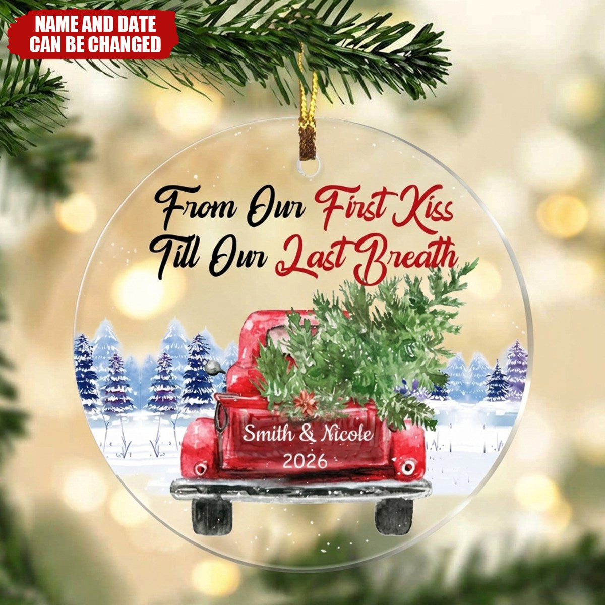 Couple Red Truck From First Kiss Heart Ornament