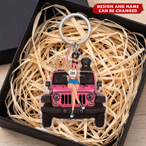 Personalized A Girl With Off-Road Car And Dog Keychain Gift For Journey Girls