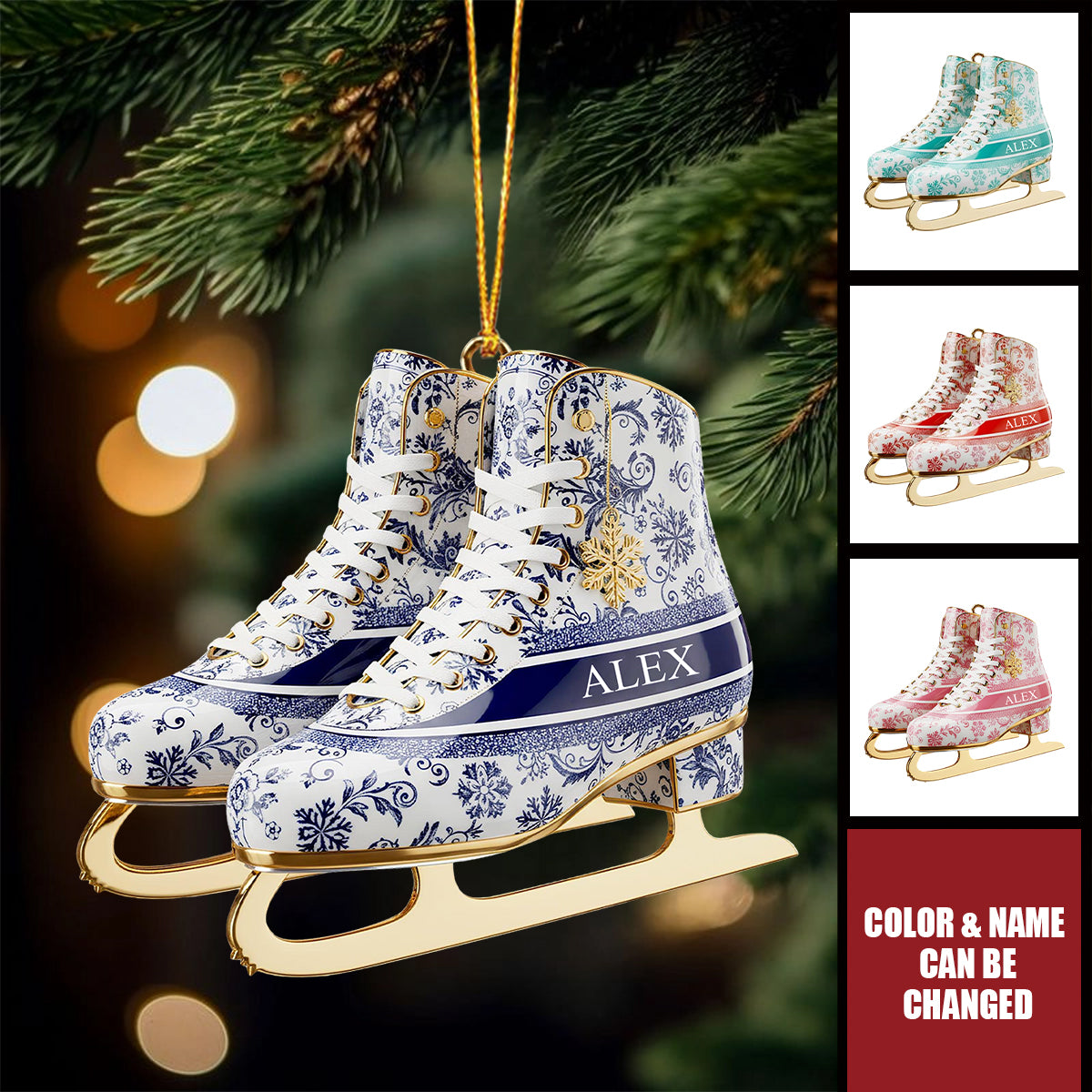 Personalized Winter Skating Toile de Jouy Christmas Ornament, Gifts For Ice Skating Lovers, Winter Skating Decor, Gift For Ice Skater