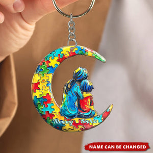 Autism Mom And Kid - I Love You To The Moon And Back - Personalized Autism Awareness Keychain