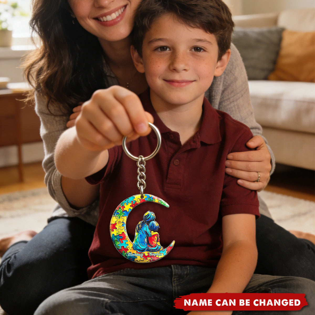 Autism Mom And Kid - I Love You To The Moon And Back - Personalized Autism Awareness Keychain