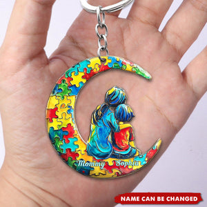 Autism Mom And Kid - I Love You To The Moon And Back - Personalized Autism Awareness Keychain