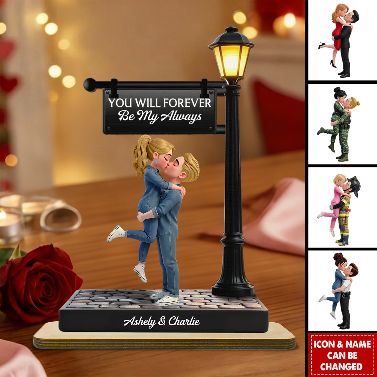 Proud Hero Couple Under Lamp Post - Personalized 2-Layered Wooden Plaque - Valentine's Day