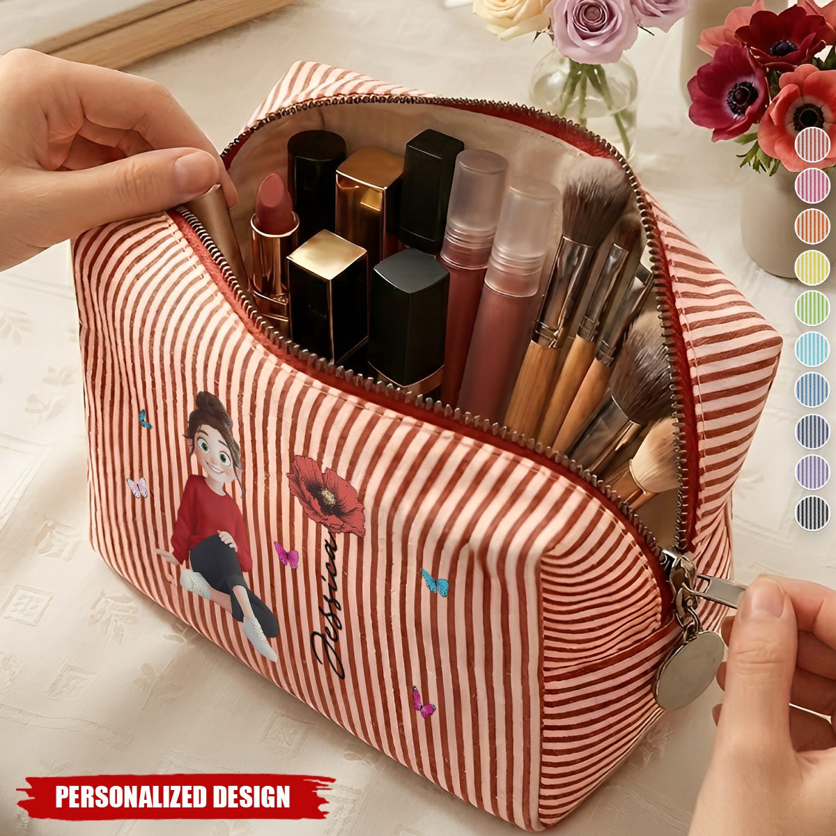 Custom Birth Flower - Name And Cute Cartoon Designs For Her - Personalized Makeup Bag