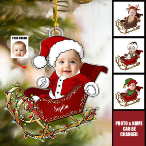 Custom Face Adorable Baby With Santa Sleigh - Acrylic Photo Ornament