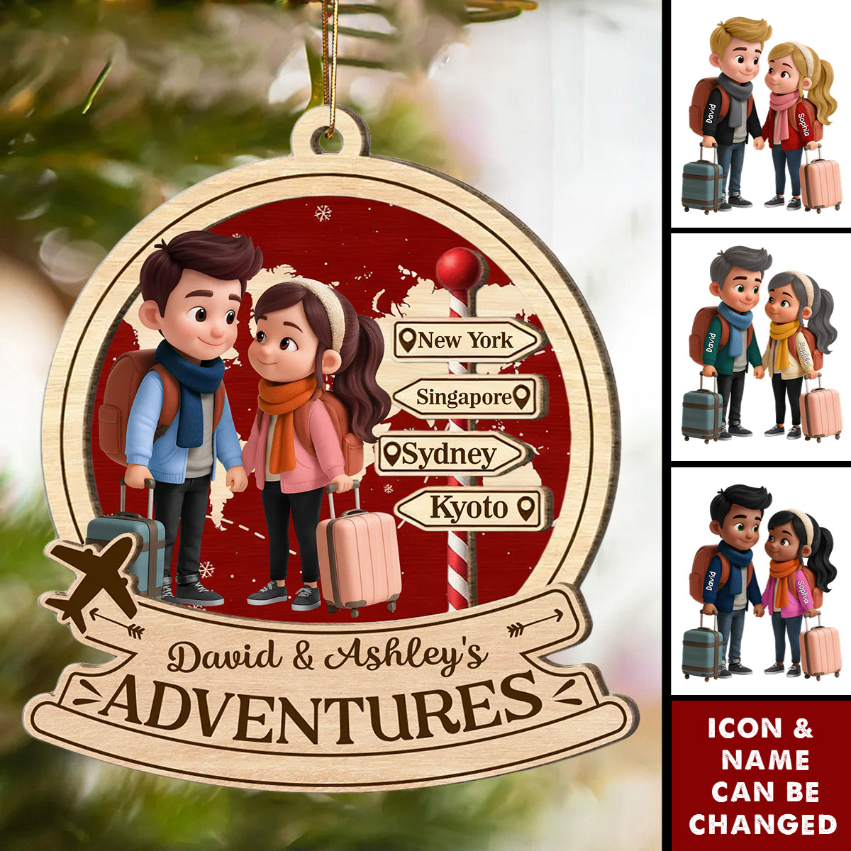 Travel Destination Ornament For Adventure Couple - Personalized Wooden Ornament - Christmas Gift For Him, For Her