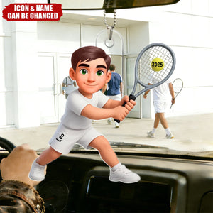 Girl Boy Playing Tennis - Personalized Acrylic Car Ornament - Gift For Tennis Players, Grandson, Granddaughter