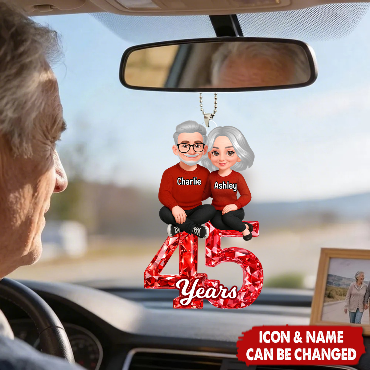 Couple Sitting Anniversary Date Crystal Effect - Personalized Acrylic Car Ornament - Sentimental Gift for Her, Gift for Him